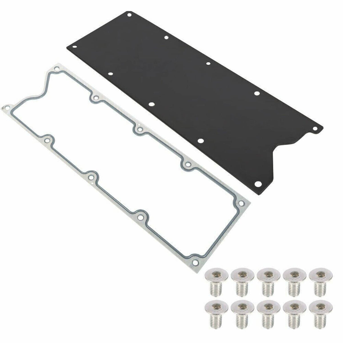 Black cover plate, silver gasket, and mounting bolts for knock sensor delete