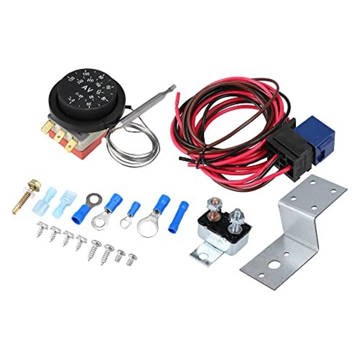 Complete thermostat controller set with black dial, blue plug, fuse-style relay, and brackets