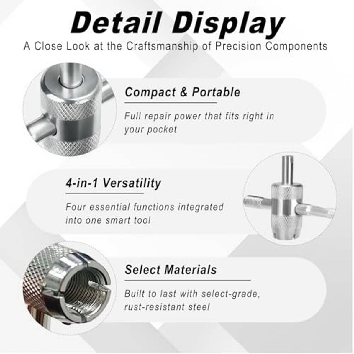Silver 4-in-1 valve core removal tool with knurled grip and long threaded body