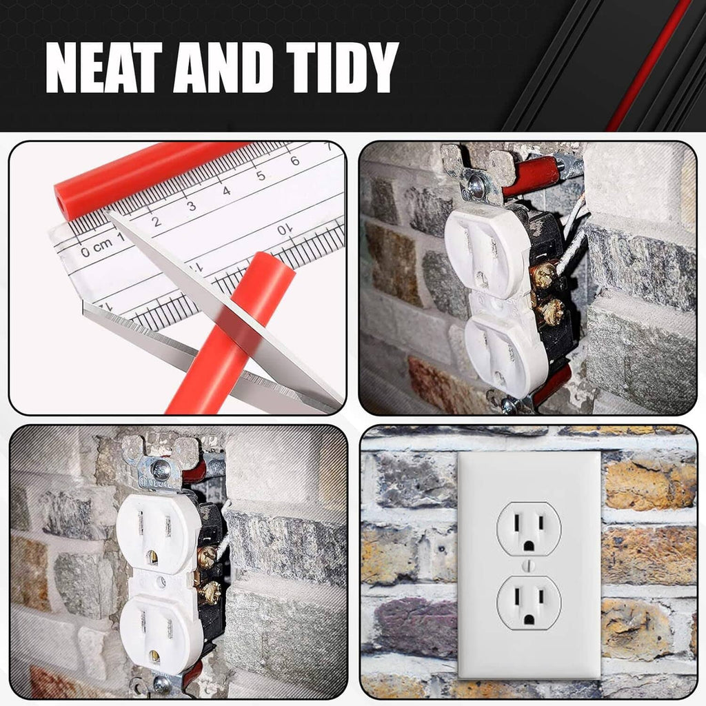 Outlet extender kit installed: red nonconductive spacers between receptacles and wall