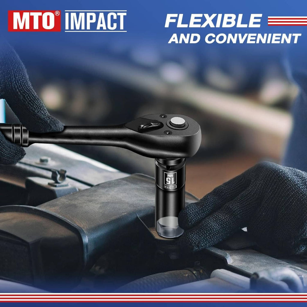 Black 15mm deep 6-point impact socket attached to impact wrench