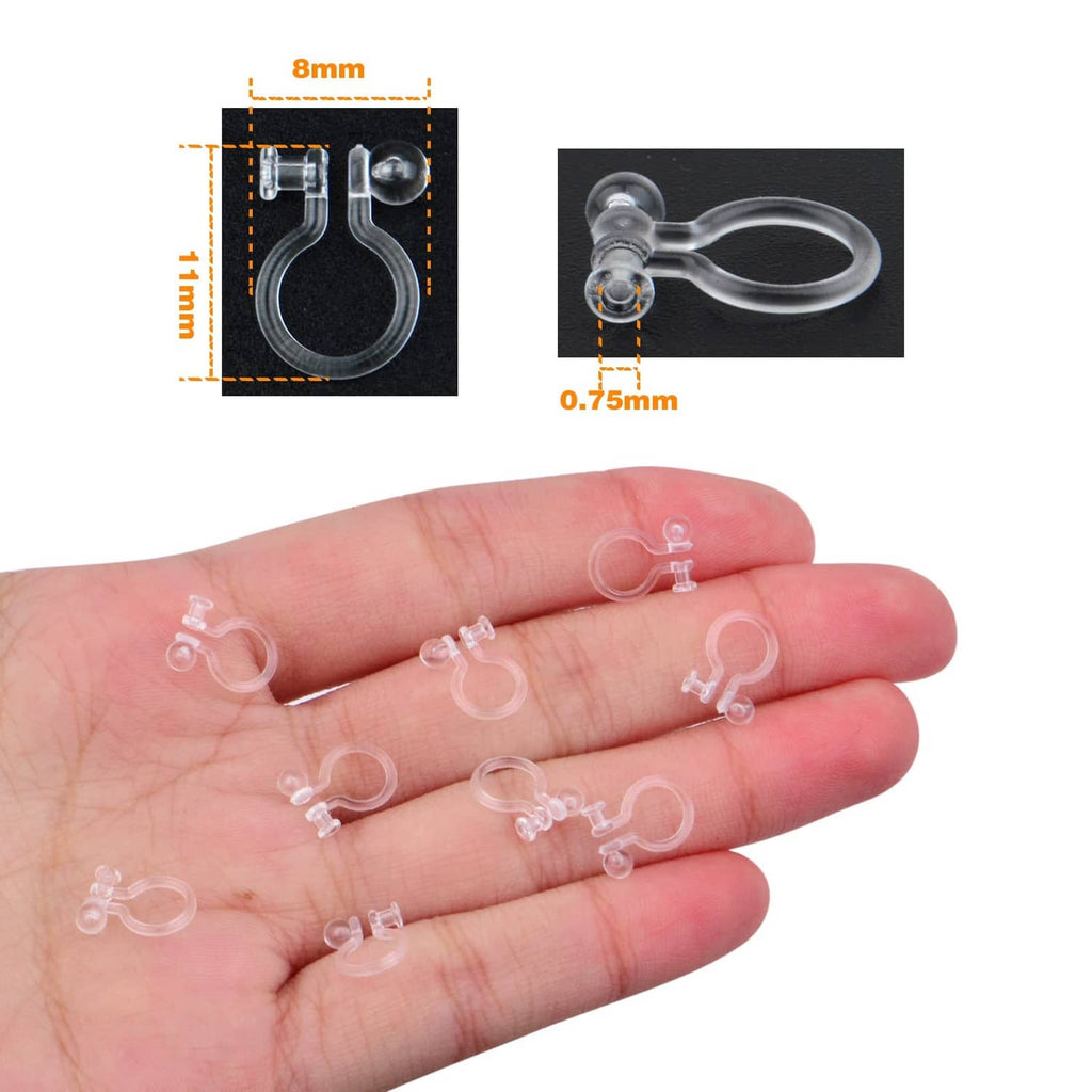 Transparent resin clip-on earring converters, tiny curved hooks held in hand