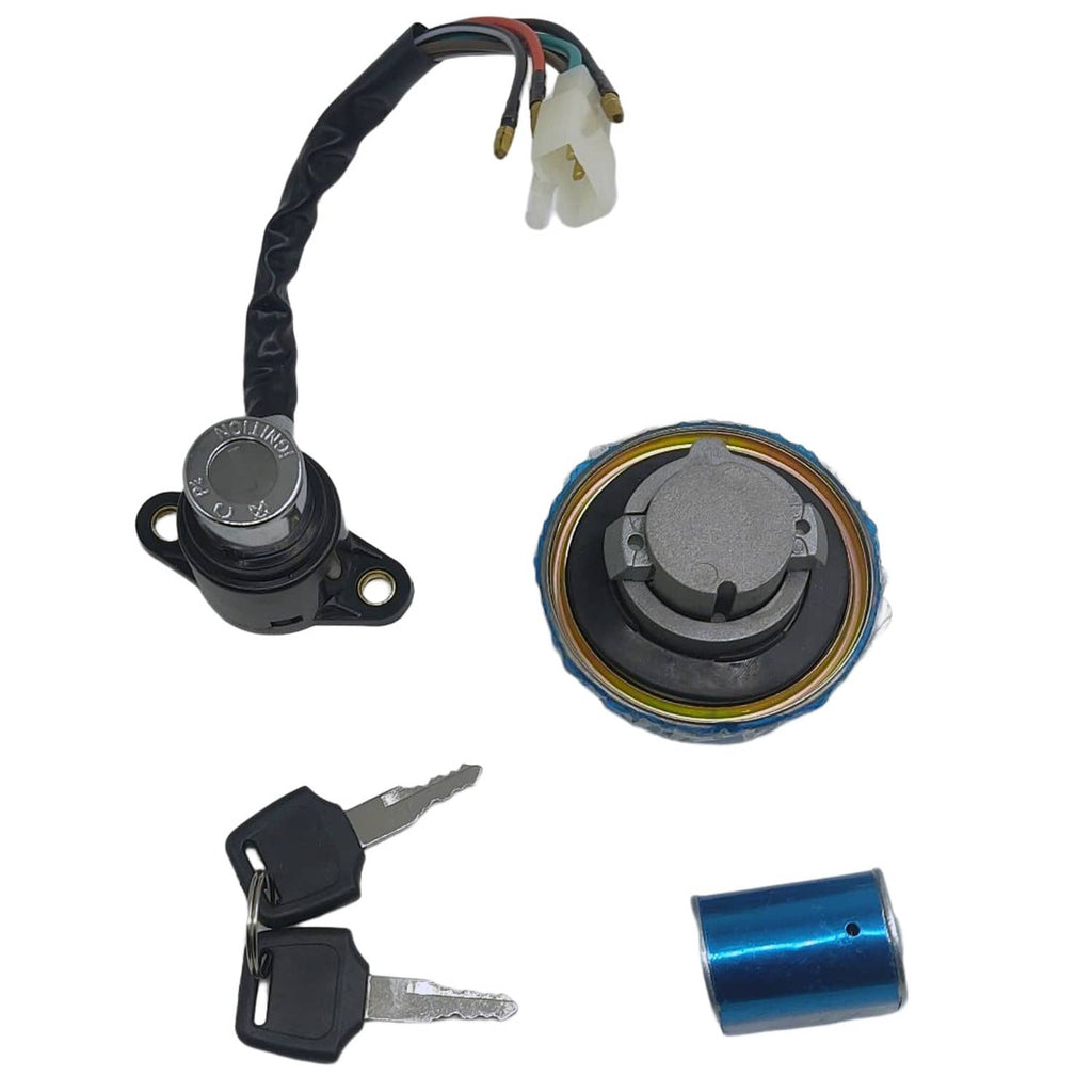 Ignition switch and fuel gas cap set with lock cylinder, keys, and blue metal piece