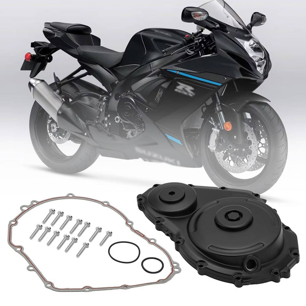Motorcycle right crankcase cover kit with black cover, gaskets, and mounting bolts