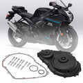 Motorcycle right crankcase cover kit with black cover, gaskets, and mounting bolts
