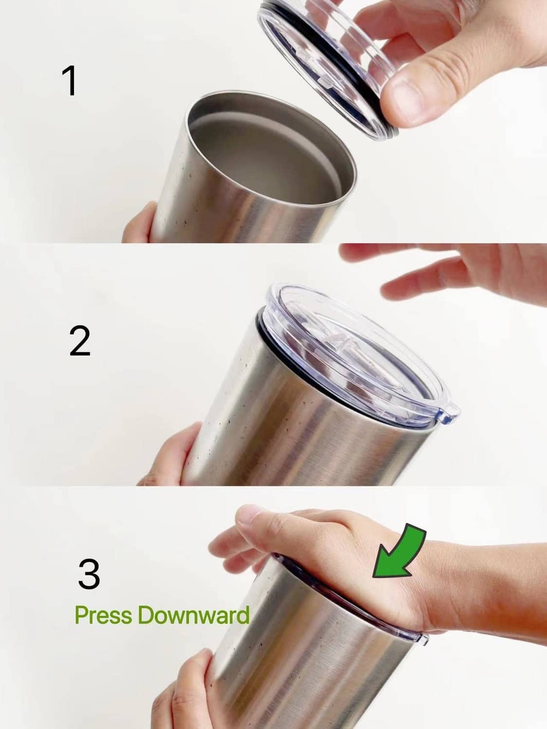 Replacement tumbler lid with clear top; press-down installation step