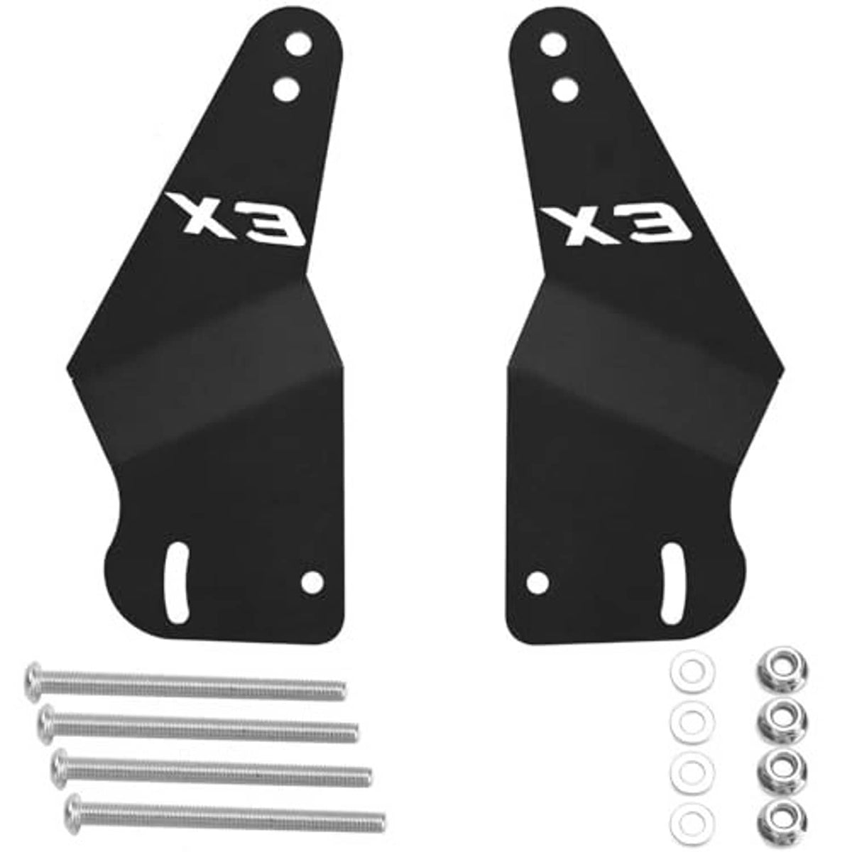 Two black mounting brackets with three screw bolts and stacked washers