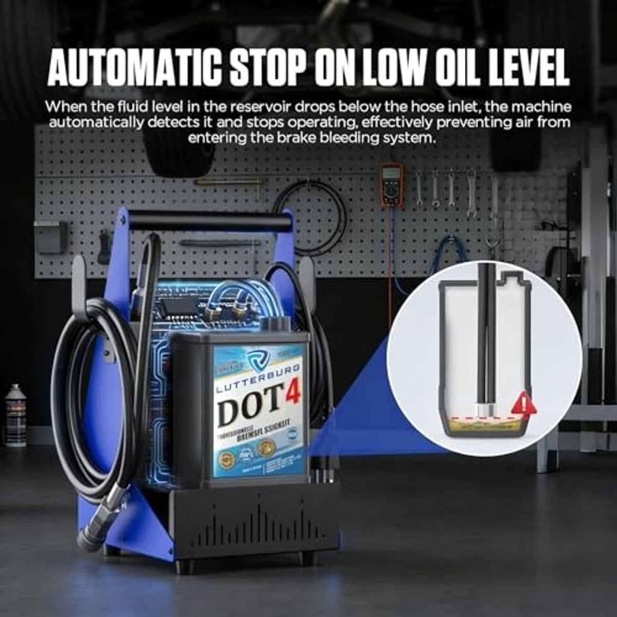 Automatic brake bleeder kit with blue base and oil reservoir container