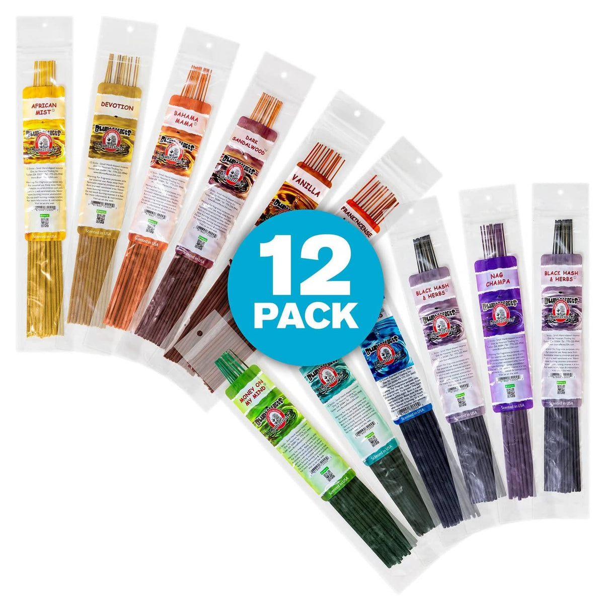 BluntEffects 12-pack hand-dipped incense sticks, individually wrapped in assorted scents