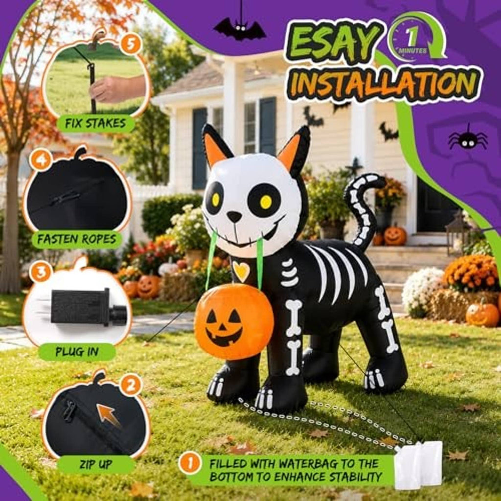 5ft inflatable black cat decoration with glowing jack-o'-lantern pumpkin and yellow eyes