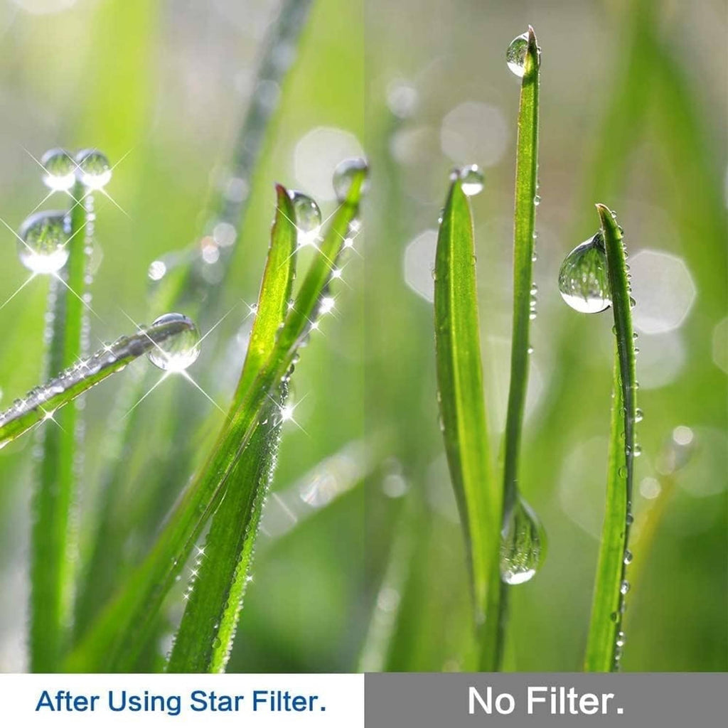 Starburst effect filter creating sparkling star highlights on green grass blades