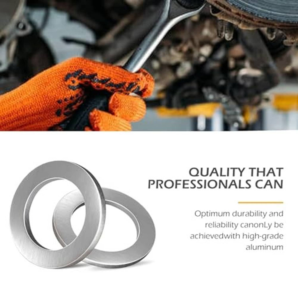 Silver aluminum crush washer gaskets beside quality text over a car repair engine scene