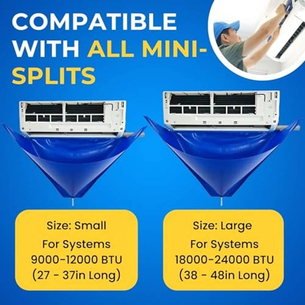 Blue mini-split cleaning cover bags for small and large air conditioner systems