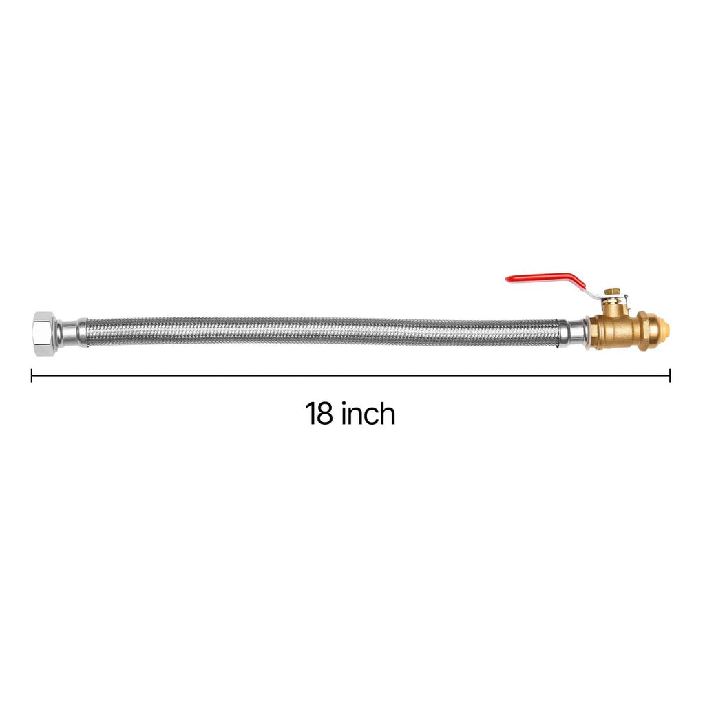 18-inch braided stainless hose with brass valve and red lever, single connected end