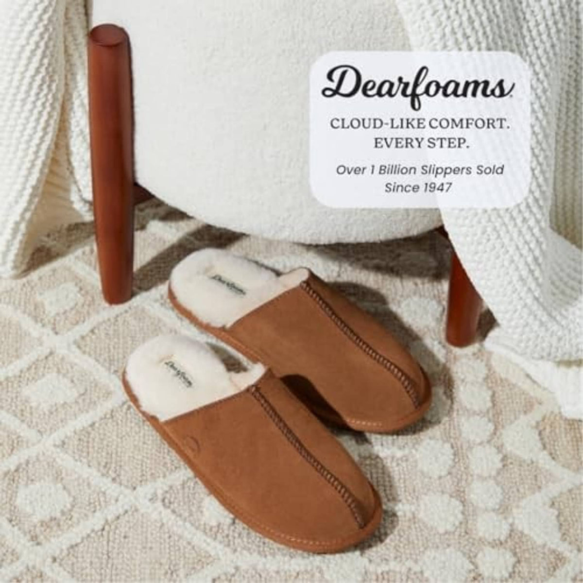 Pair of chestnut suede scuff slippers with plush white fleece lining