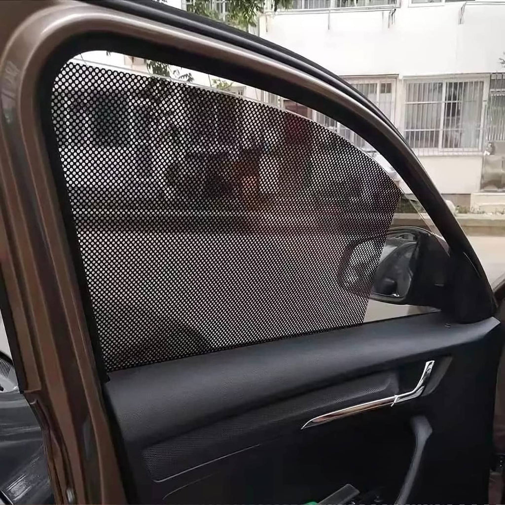 Black mesh static cling sunshade film fitted on car side window panel