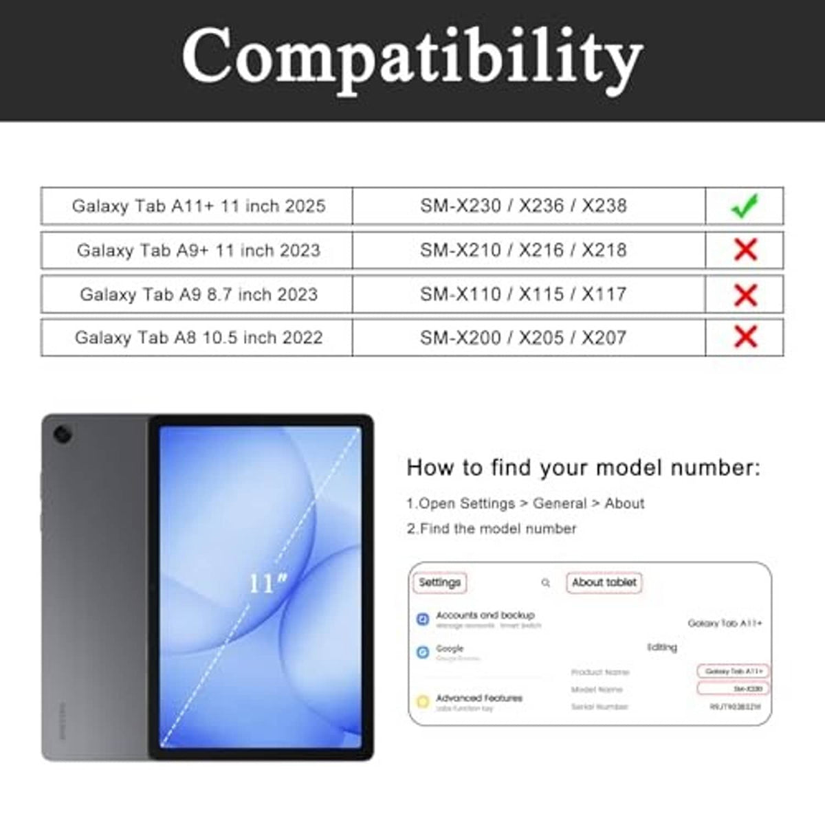Compatibility chart for tablet keyboard case with model-number instructions