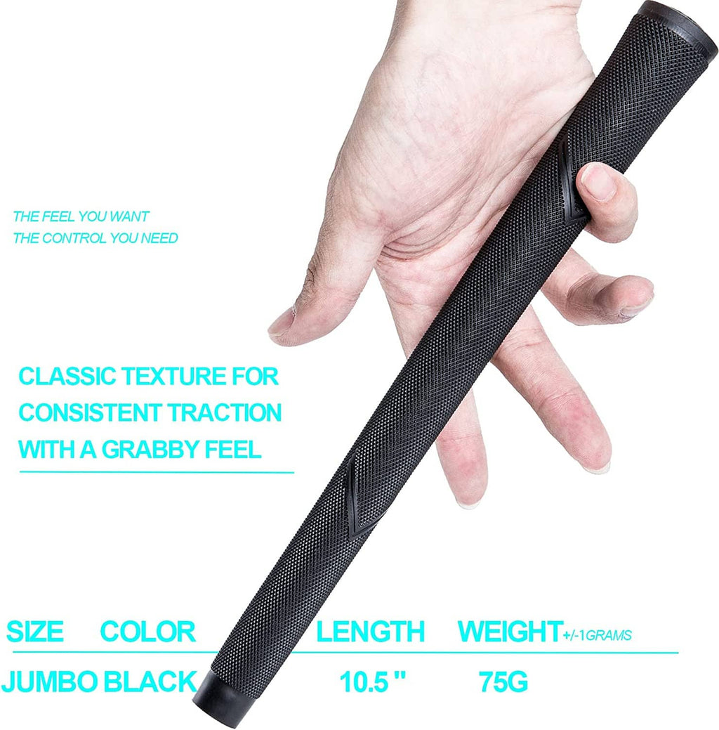 Black oversized golf grip held in hand with textured traction surface