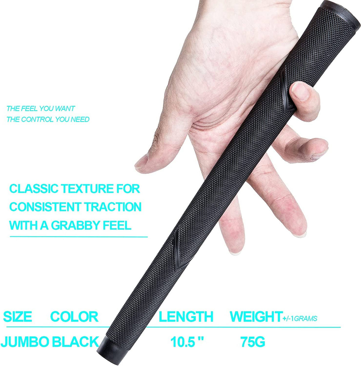 Black oversized golf grip held in hand with textured traction surface