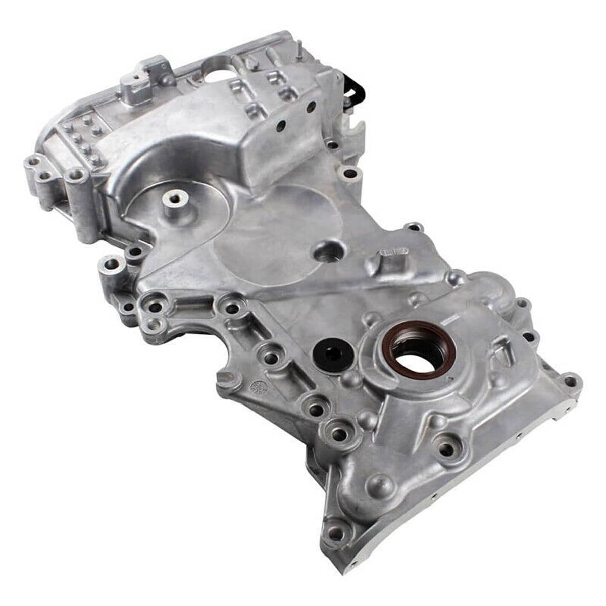Engine timing cover oil pump assembly, silver metal with large round opening and bolt bosses