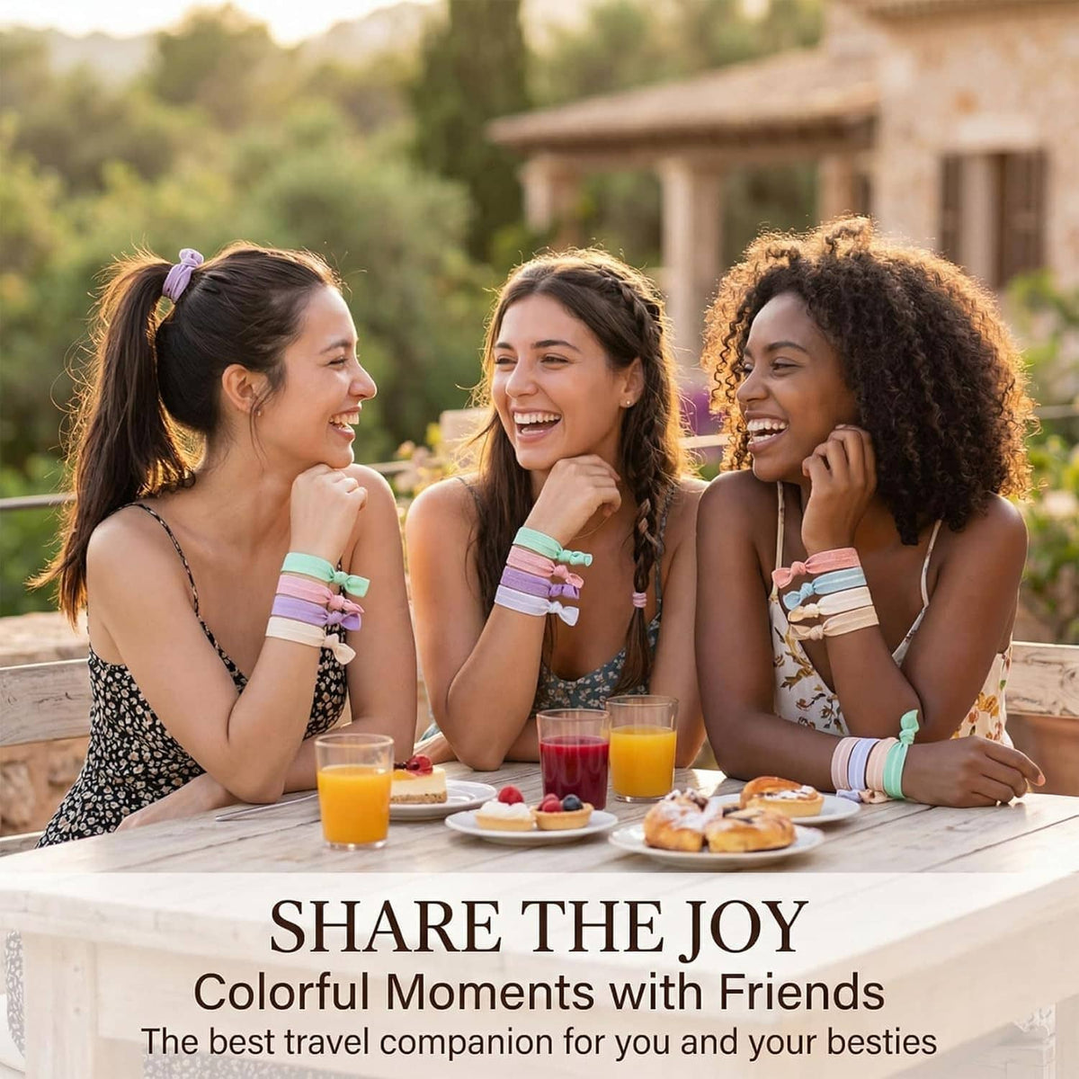 Ribbon hair ties on three women, tied in ponytails and braids