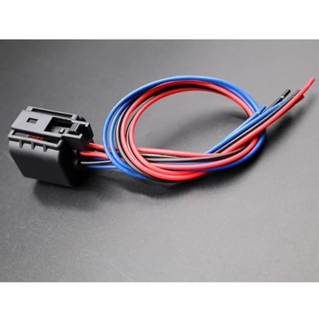 Headlamp connector plug with bundled red, blue, and black wires