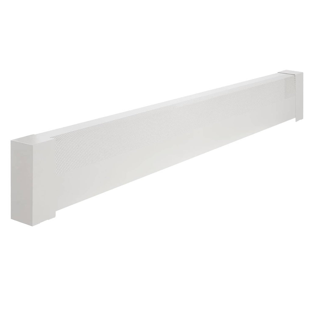White baseboard heater cover side view with vent mesh front and end supports