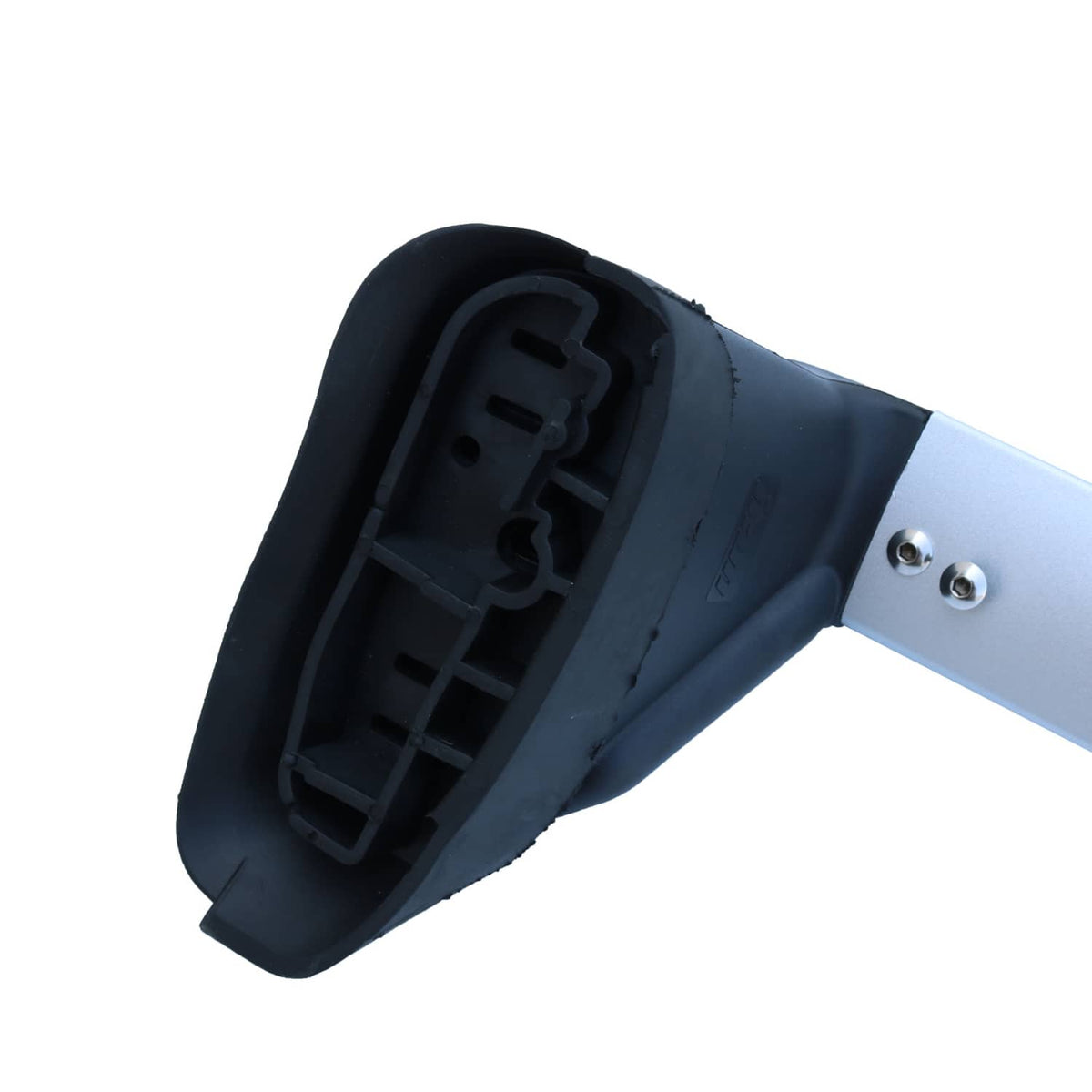 Roof rack cross bar end bracket with black plastic cover and silver mounting hardware