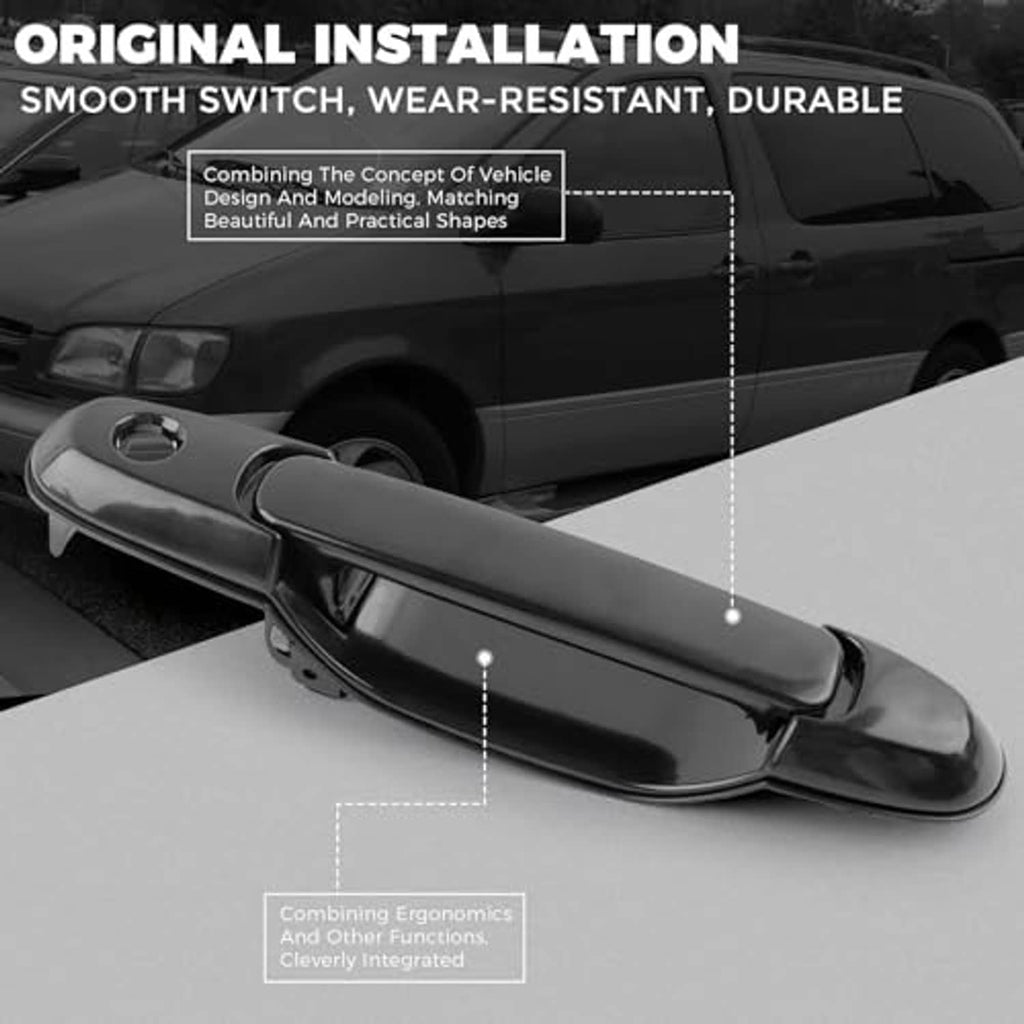 Black front door handle with smooth oval grip on a vehicle