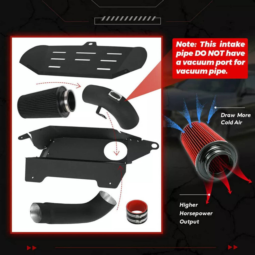 Cold air intake kit layout with heat shield, black hoses, and red cone filter