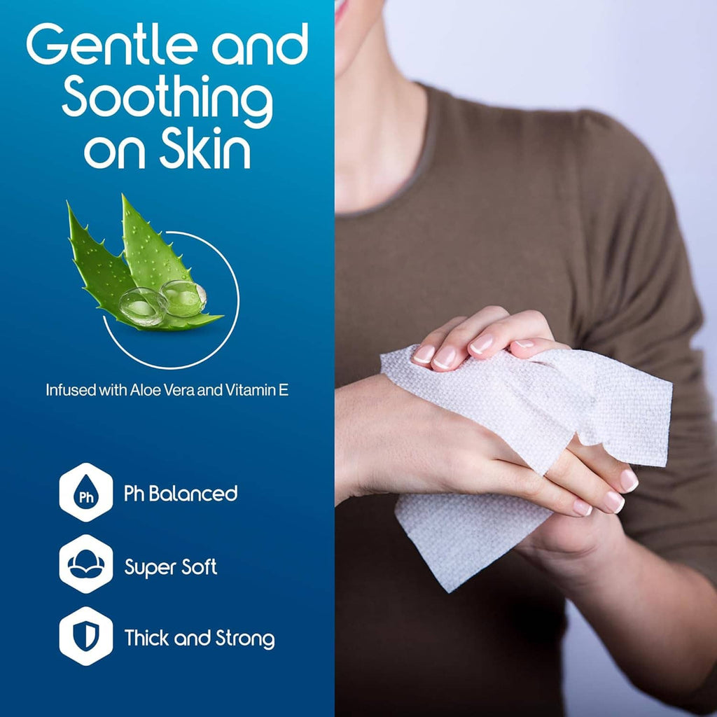 Adult washcloth wipes with white cloth in hand, soothing aloe-infused feel