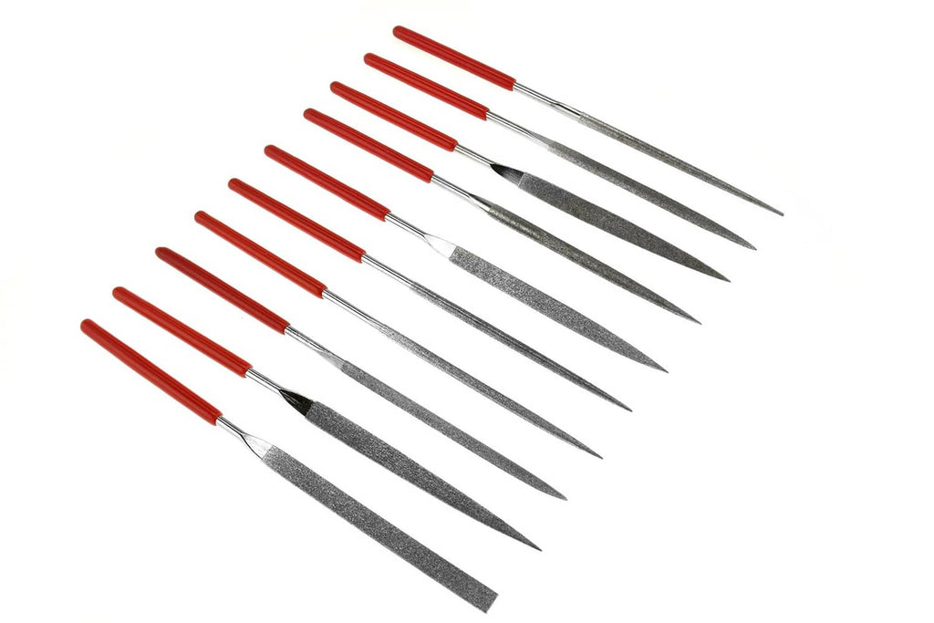 Diamond needle file set with red handles and gray diamond tips, 10-pack