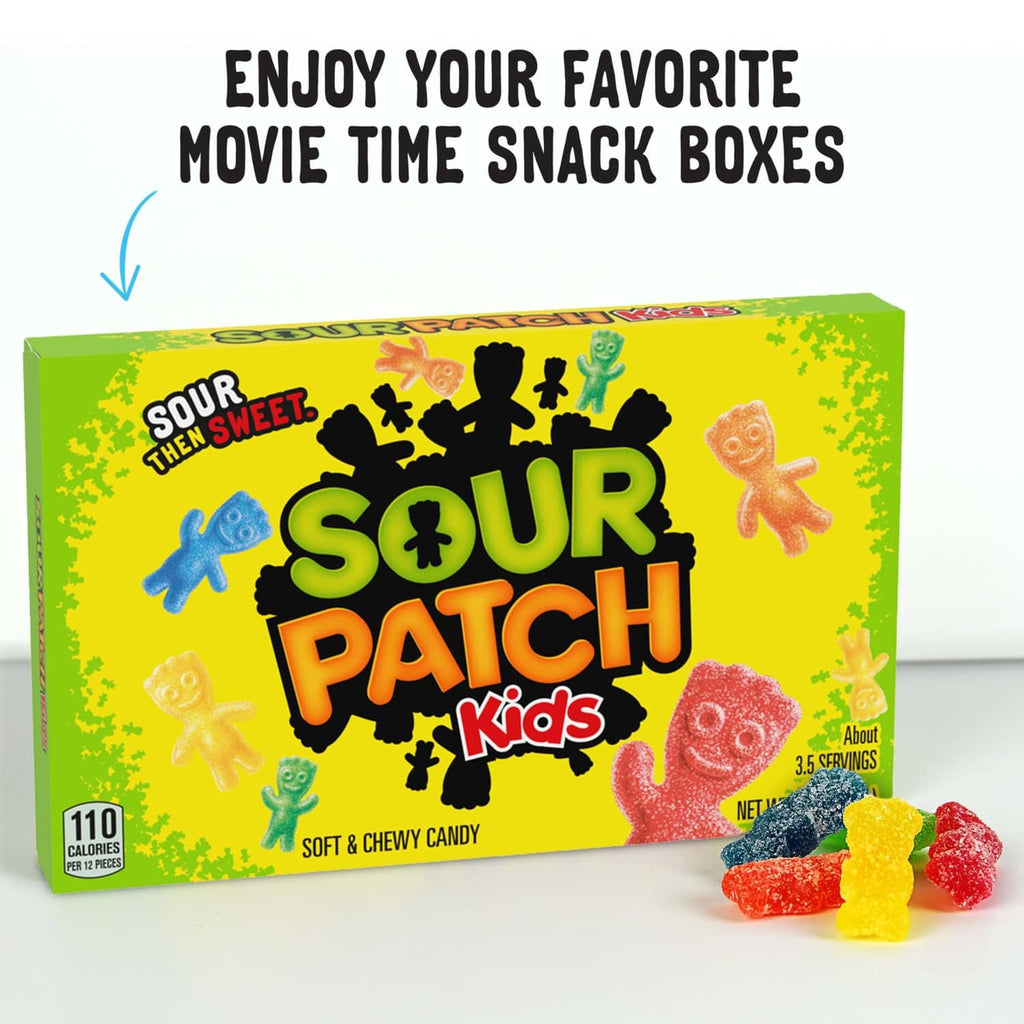 Sour Patch Kids candy box with colorful gummy candies on surface