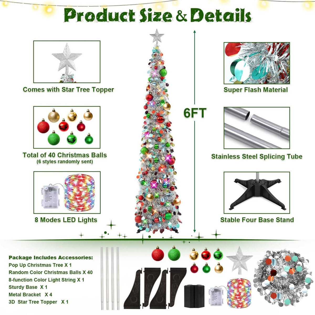 6ft collapsible tinsel Christmas tree feature chart with star topper, ornaments, and LED light modes
