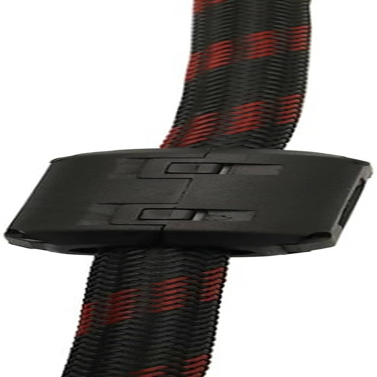 Ferrite ring core clipped over a red-and-black braided cable