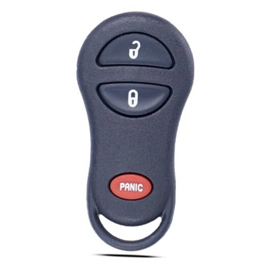 Dark blue car key fob remote close-up with Lock, Unlock, and Panic buttons.