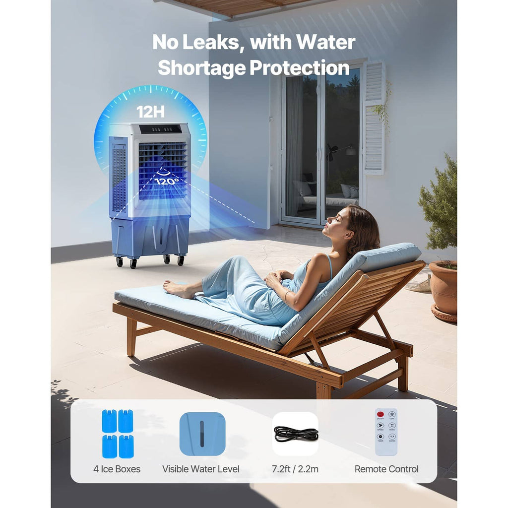 Evaporative air cooler on wheels with front grille and blue water tank area