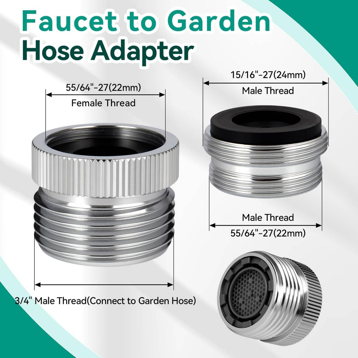 Silver faucet aerator adapter showing male and female hose threads and black nozzle screen
