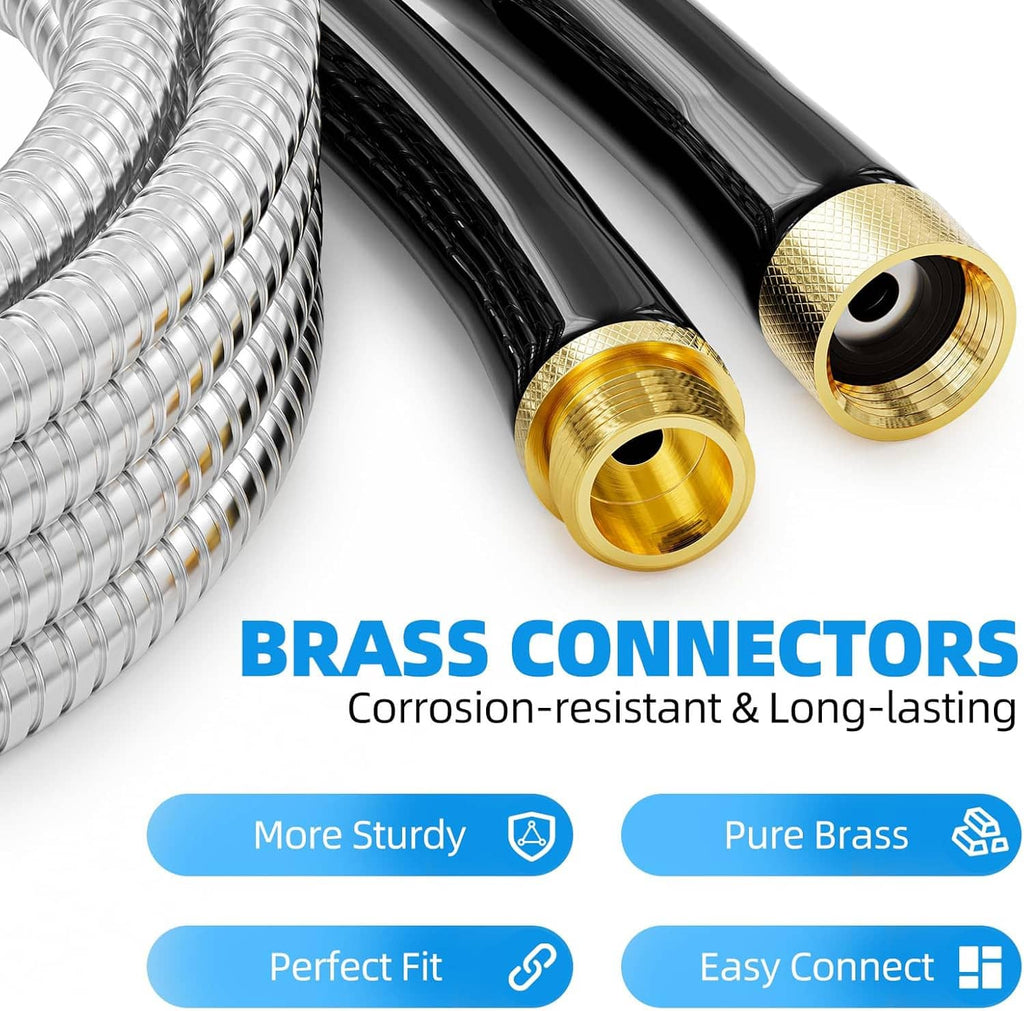 Stainless steel hose with brass connector ends, black coupler, and flexible metal braid