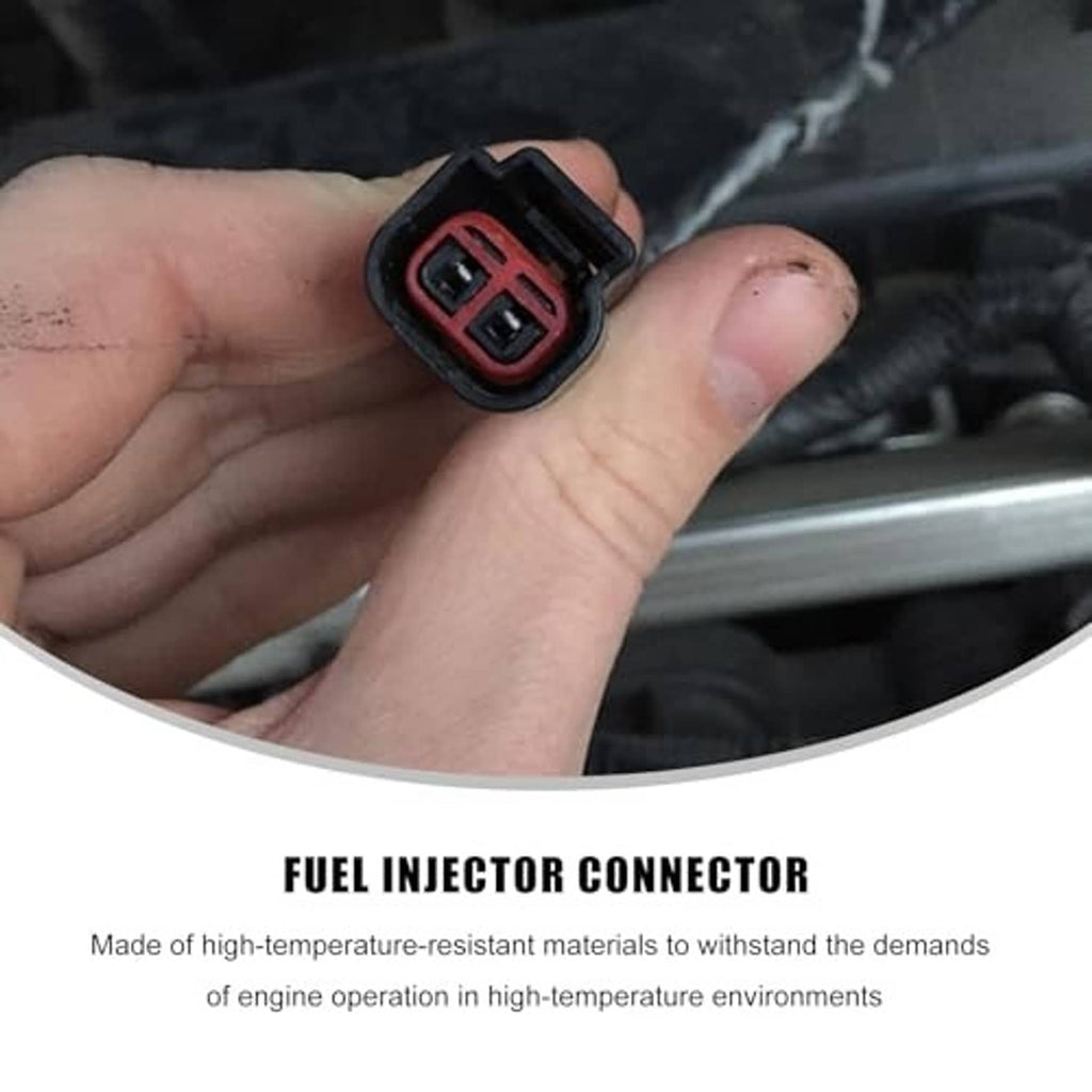 Fuel injector connector plug with red terminal insert and black housing held in hand