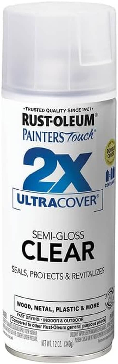 Semi-gloss clear 2X UltraCover spray paint can, Rust-Oleum logo and white cap