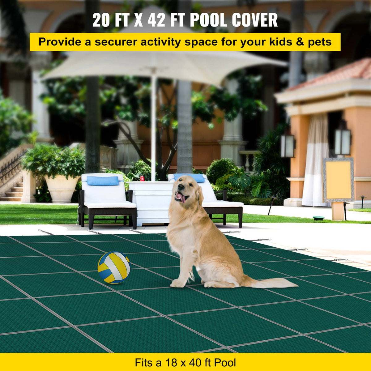 Green pool safety cover with taut mesh panels and secured edges for in-ground pools