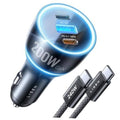 Black 200W car charger with blue LED ring and dual USB-C ports