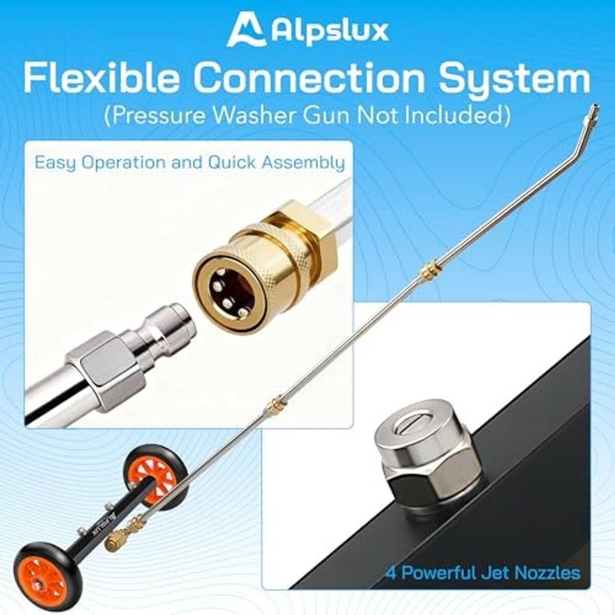 Flexible connection system for pressure washer attachment with brass quick-connect fitting