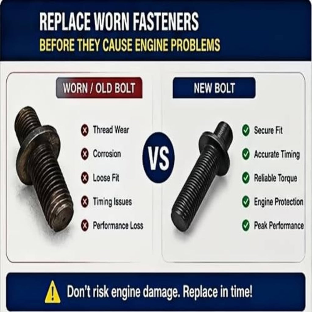 Engine camshaft sprocket replacement bolt shown against worn vs new comparison