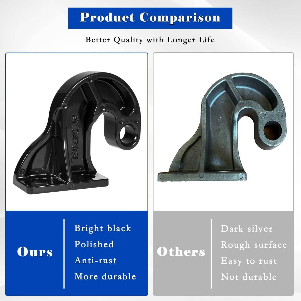 Black hood pivot bracket shown in product comparison alongside a darker bracket