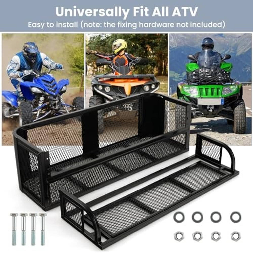 Black ATV cargo basket with side ramp and mesh platforms; mounting hardware shown