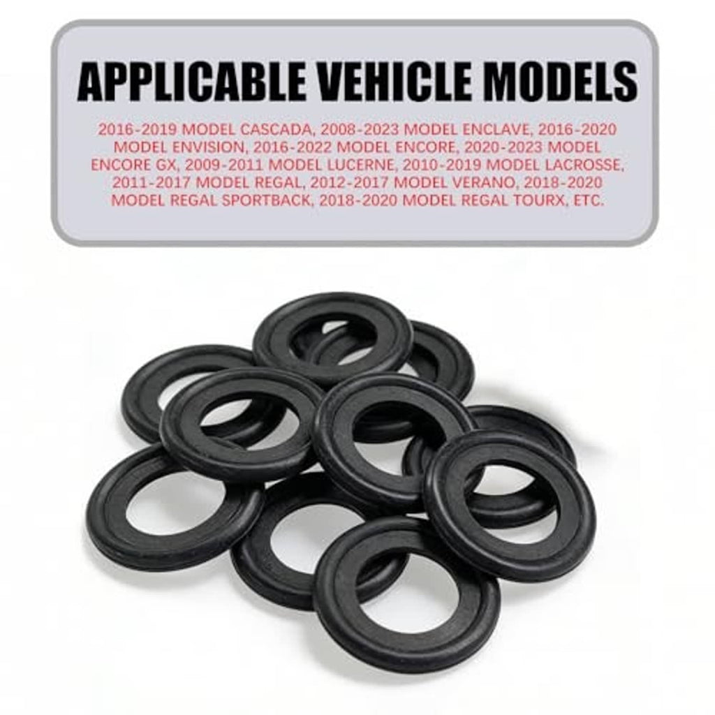 Black rubber oil drain plug gasket washers, neatly arranged in a pile