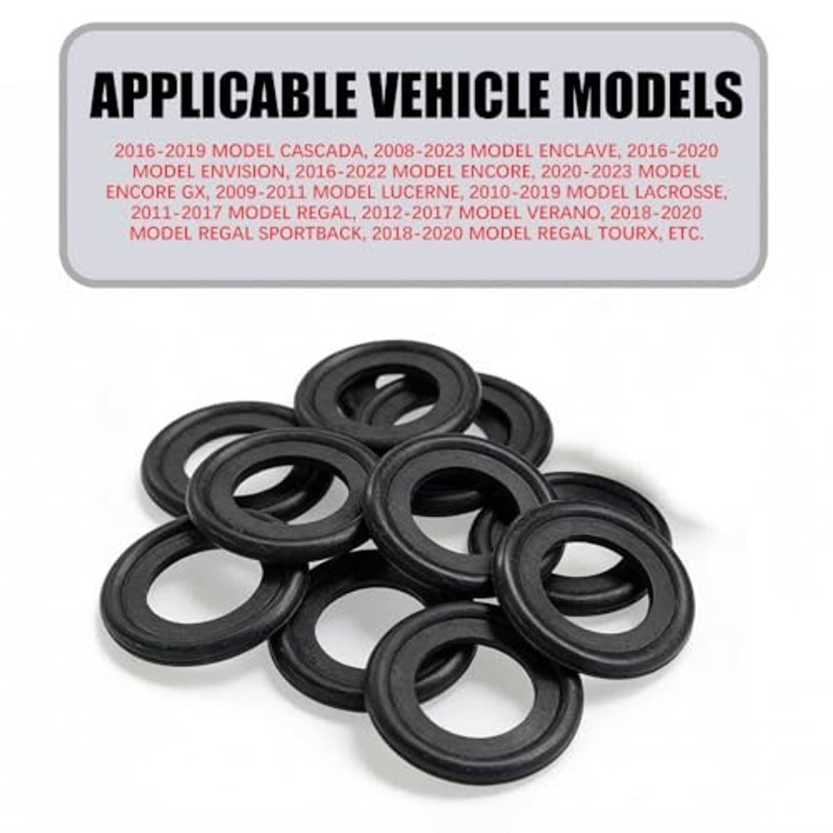 Black rubber oil drain plug gasket washers, neatly arranged in a pile