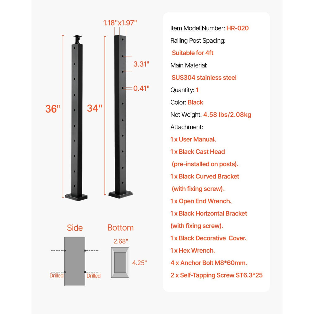 Black cable railing post showing side and bottom dimensions with pre-drilled holes